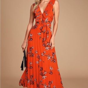 Loved By You Red Orange Floral Print Pleated Chiffon Maxi Dress